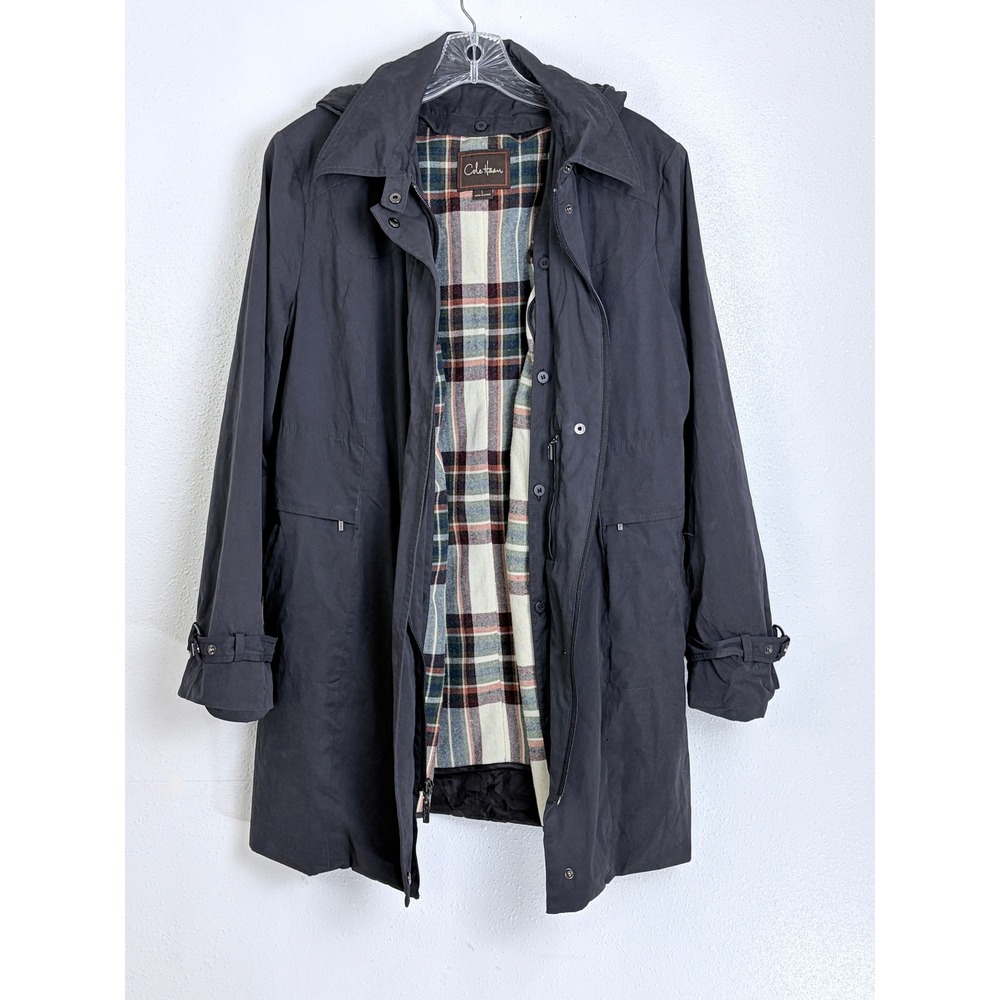 Cole Haan Hooded Car Coat Trench Black Removable Plaid Liner Detachable Hood L